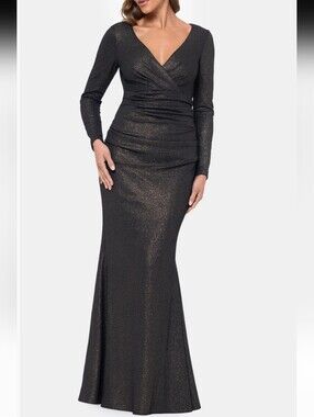 Xscape Long Sleeve Metallic Ruched Gown